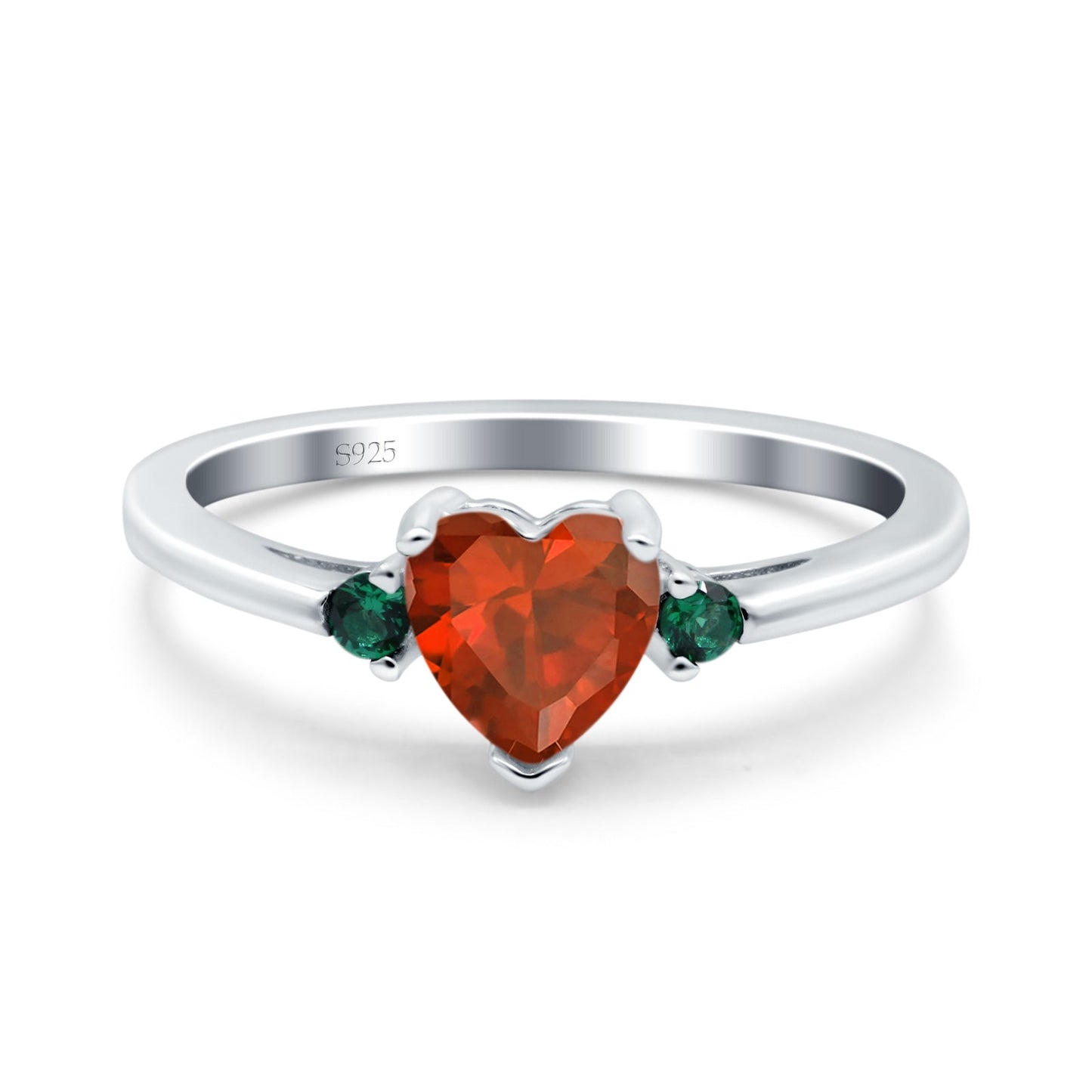 Art Deco Heart Three Stone Round Green Emerald Simulated Garnet CZ Wedding Ring