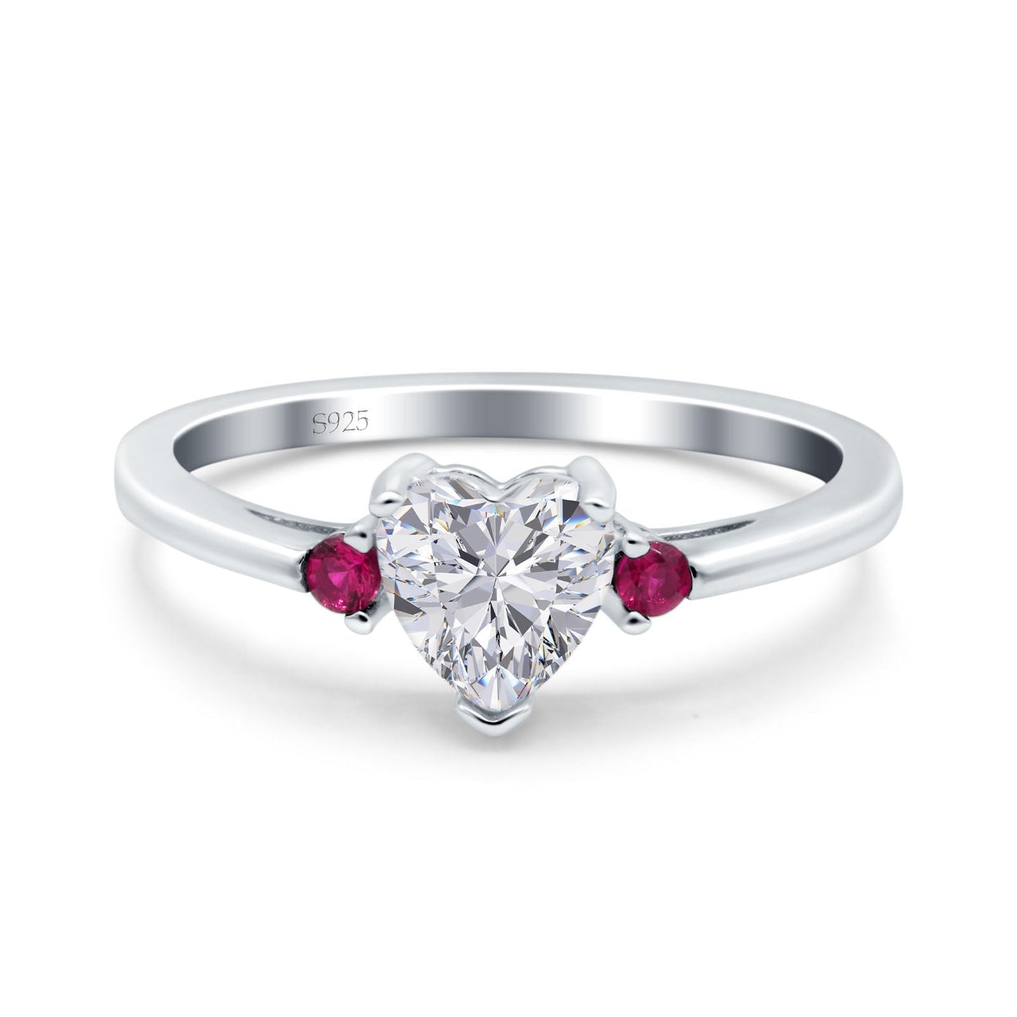 Art Deco Heart Three Stone Wedding Bridal Ring Round Ruby Simulated Cubic Zirconia