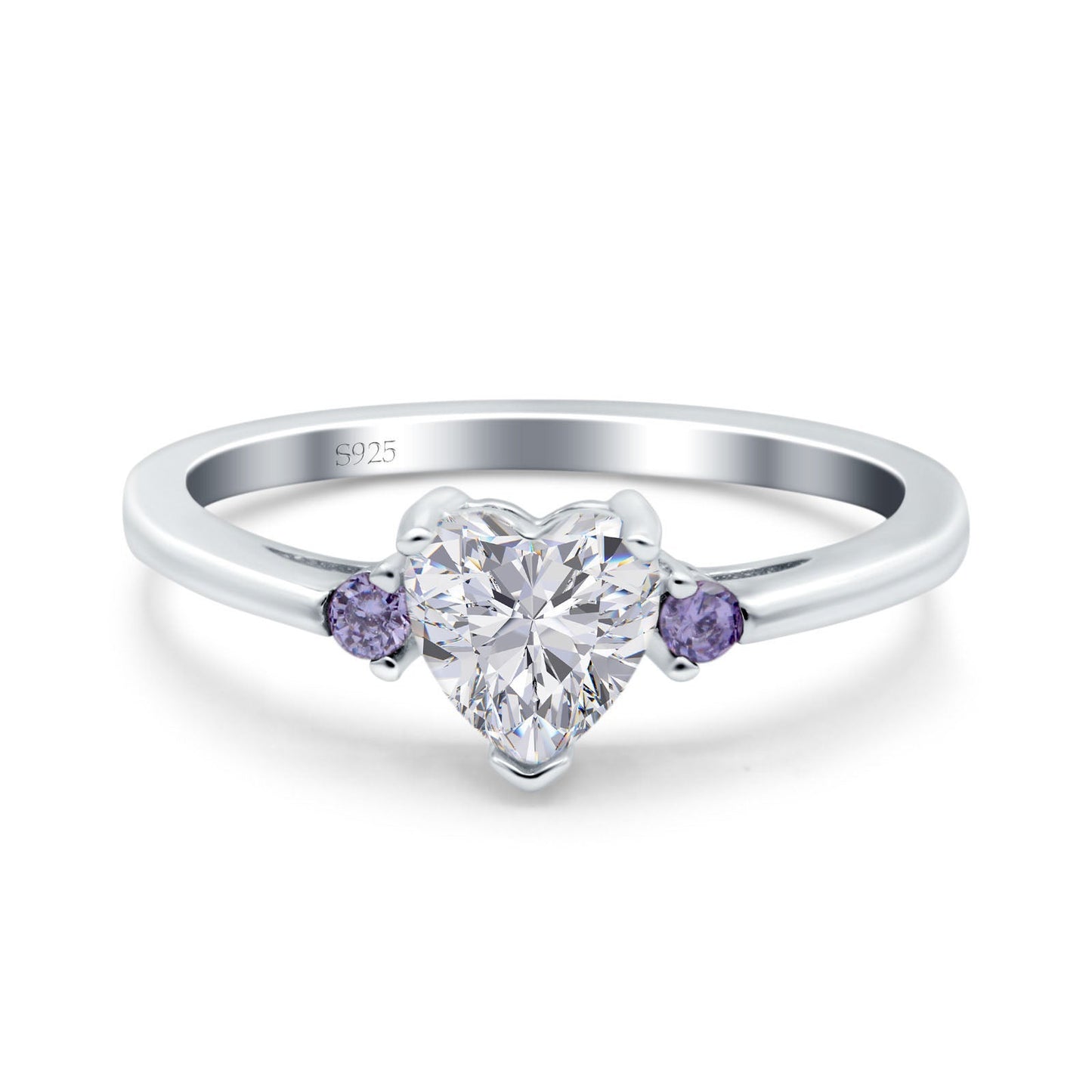 Art Deco Heart Three Stone Wedding Bridal Ring Round Amethyst Simulated Cubic Zirconia