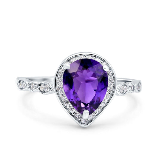 Teardrop Pear Art Deco Wedding Ring Simulated Amethyst CZ