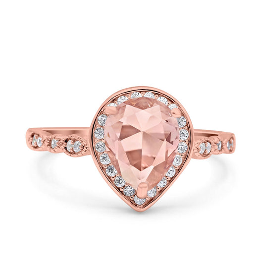 Teardrop Pear Art Deco Wedding Ring Rose Tone, Simulated Morganite CZ