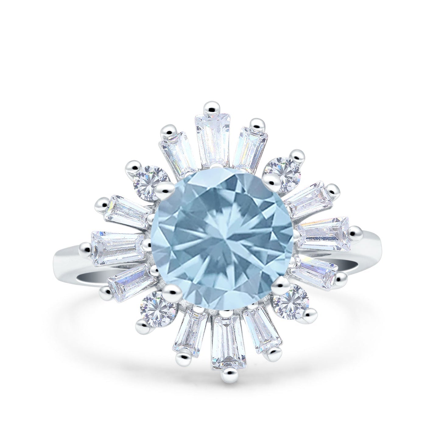 Art Deco Wedding Bridal Ring Baguette Round Simulated Aquamarine CZ