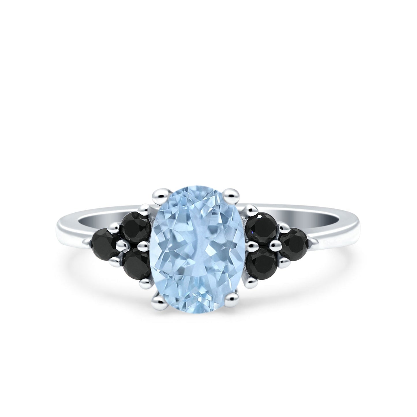 Art Deco Oval Wedding Bridal Ring Black Round Simulated Aquamarine CZ