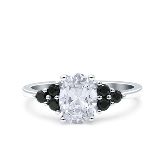 Art Deco Oval Wedding Bridal Ring Black Round Simulated Cubic Zirconia