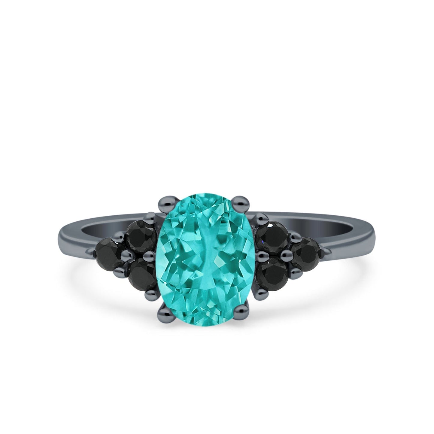 Art Deco Oval Wedding Bridal Ring Black Round Black Tone, Simulated Paraiba Tourmaline CZ