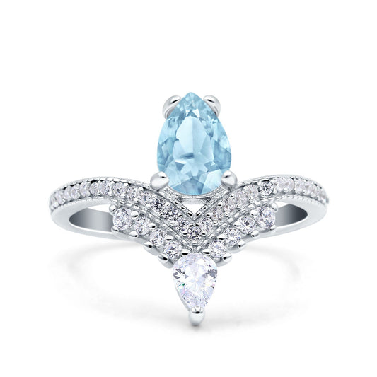 Art Deco Solitaire Accent Pear Wedding Bridal Ring Band Simulated Aquamarine CZ