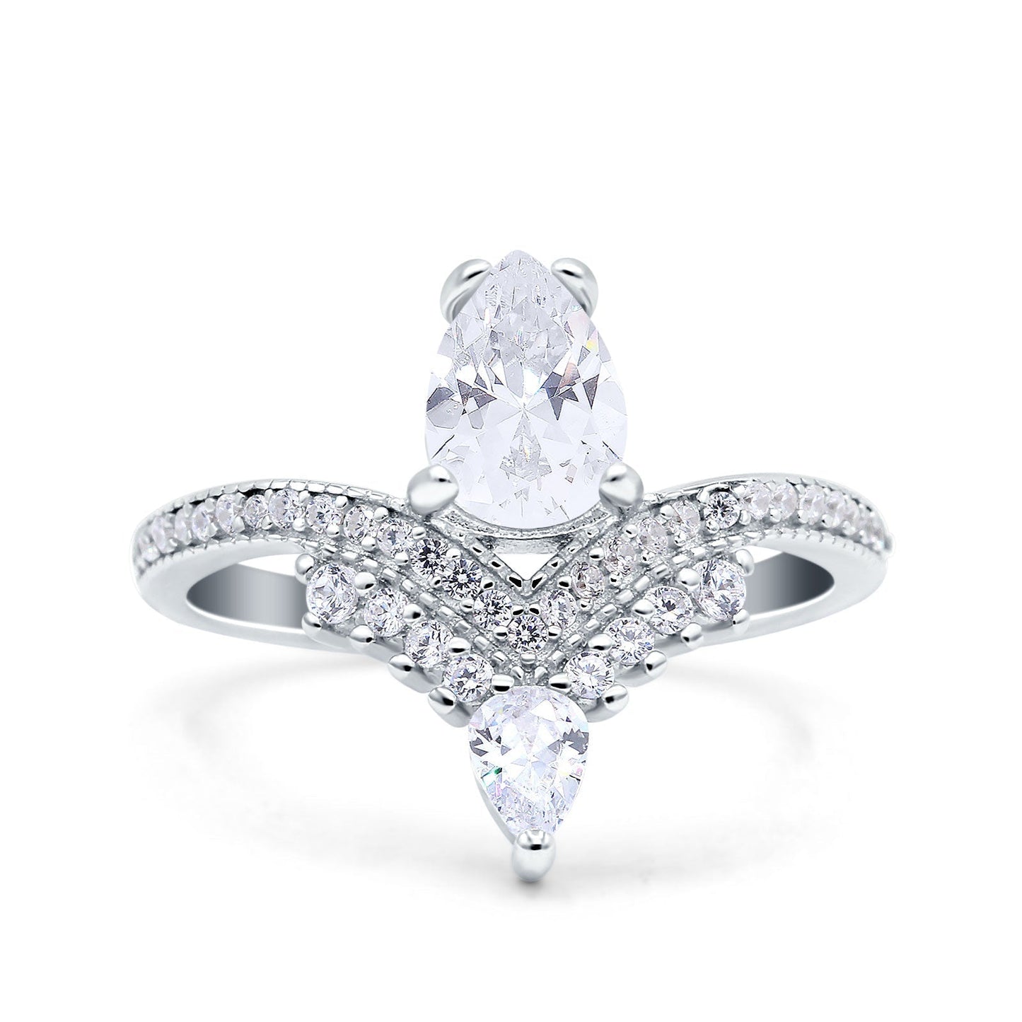 Art Deco Solitaire Accent Pear Wedding Bridal Ring Band Simulated Cubic Zirconia