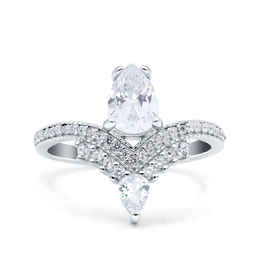 Art Deco Solitaire Accent Pear Wedding Bridal Ring Band Simulated Cubic Zirconia