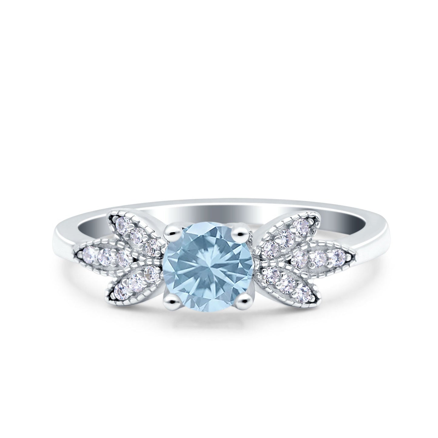 Art Deco Wedding Bridal Ring Leaf Dainty Round Simulated Aquamarine CZ