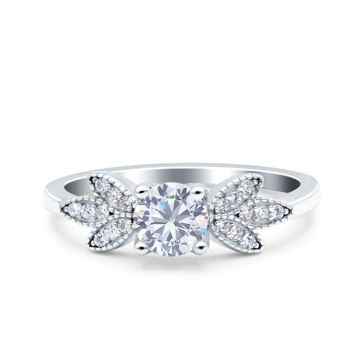 Art Deco Wedding Bridal Ring Leaf Dainty Round Simulated Cubic Zirconia