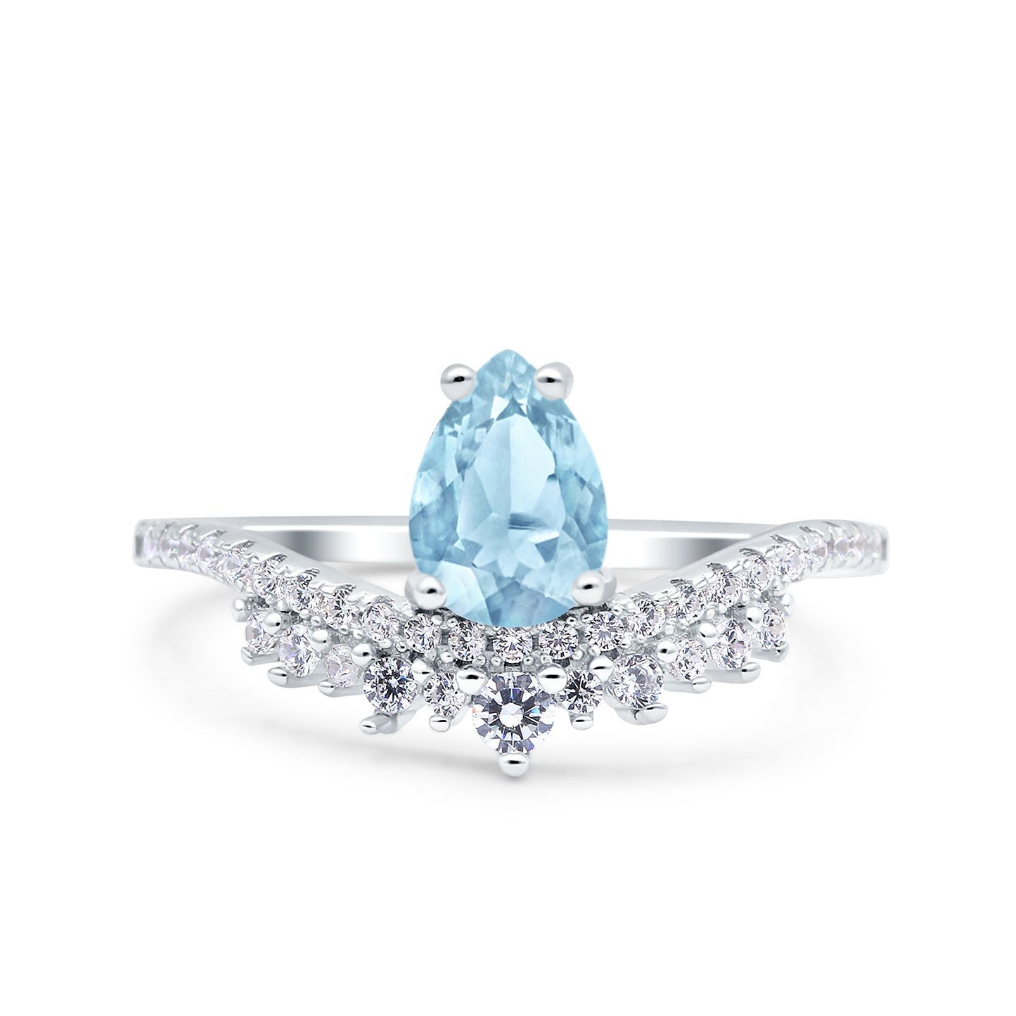 Art Deco Solitaire Accent Pear Wedding Bridal Ring Band Simulated Aquamarine CZ