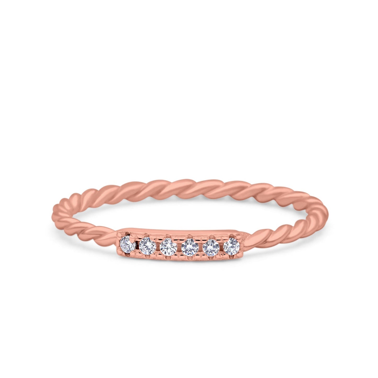 Half Eternity Ring Wedding Engagement Rope Band Round Rose Tone, Simulated CZ (2mm)