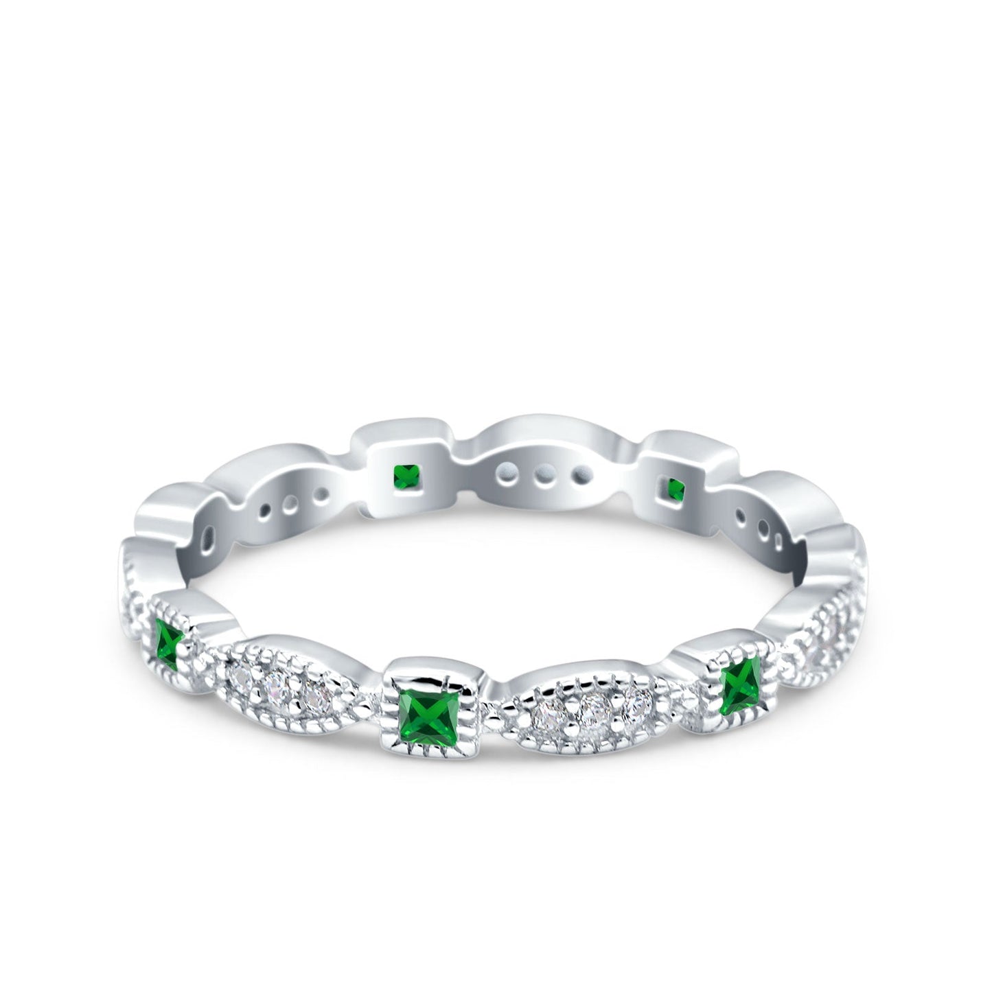 Full Eternity Stackable Ring Wedding Band Round Simulated Green Emerald CZ