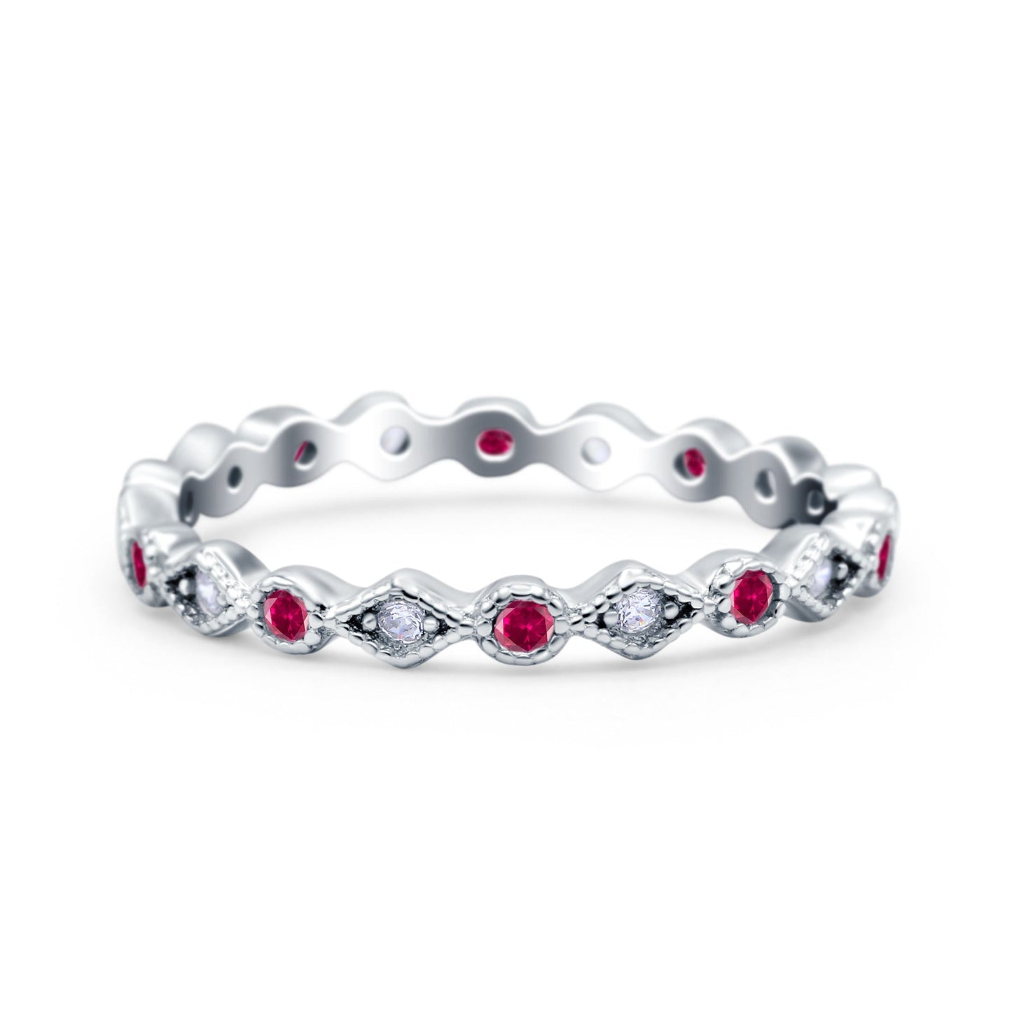 Full Eternity Stackable Ring Wedding Band Round Simulated Ruby CZ