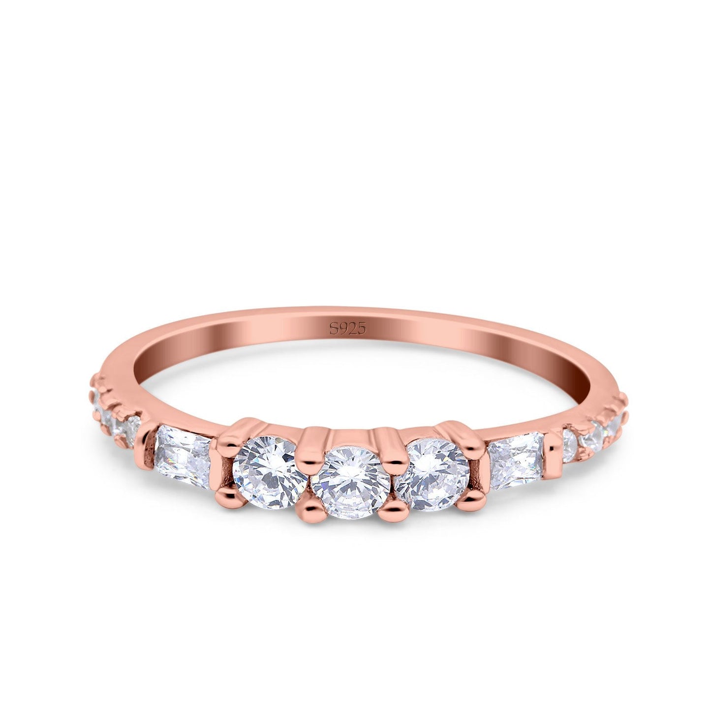 Simple Band Wedding Ring Baguette Round Rose Tone, Simulated Cubic Zirconia (6mm)