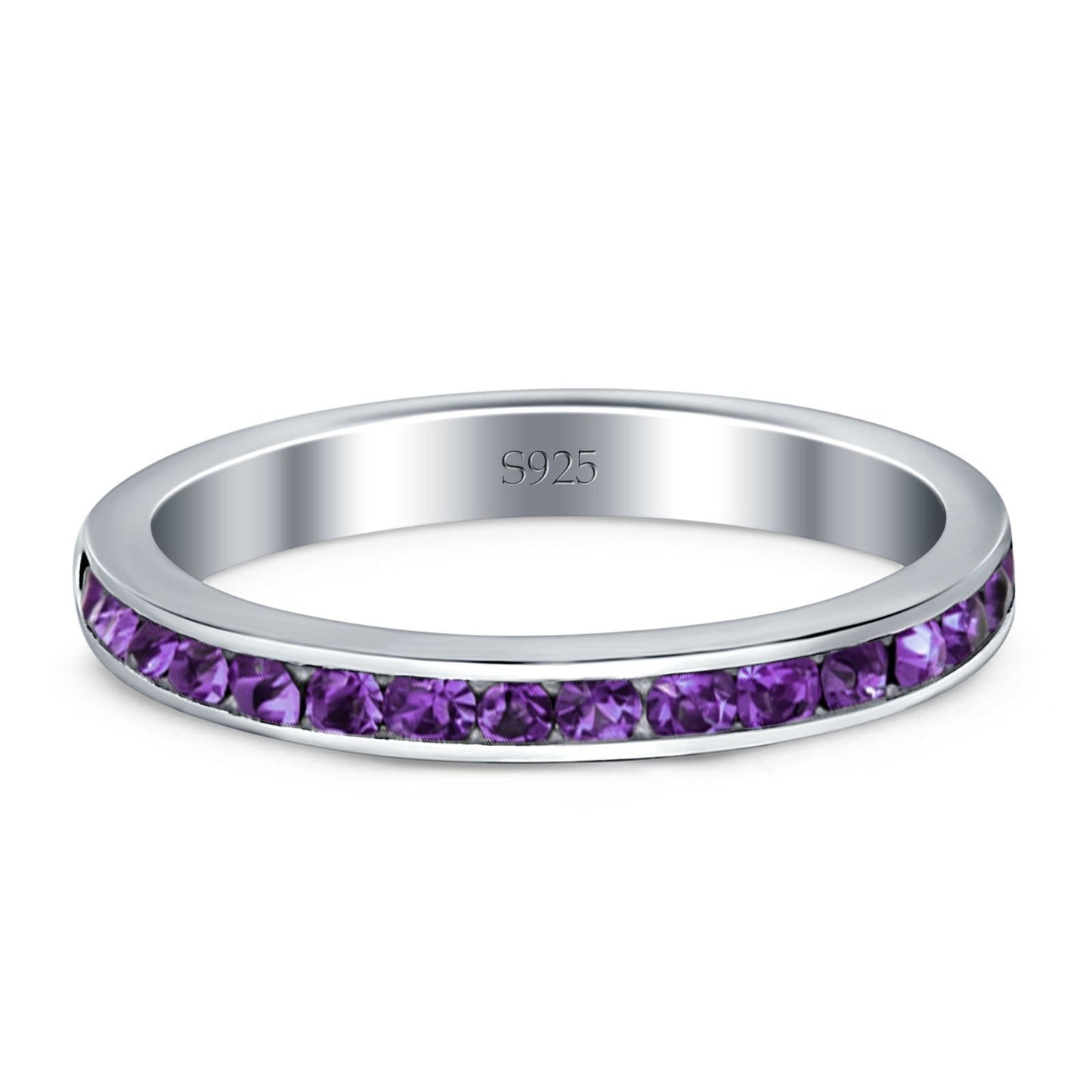 Full Eternity Stackable Channel setting Wedding Engagement Band Round Simulated Amethyst CZ