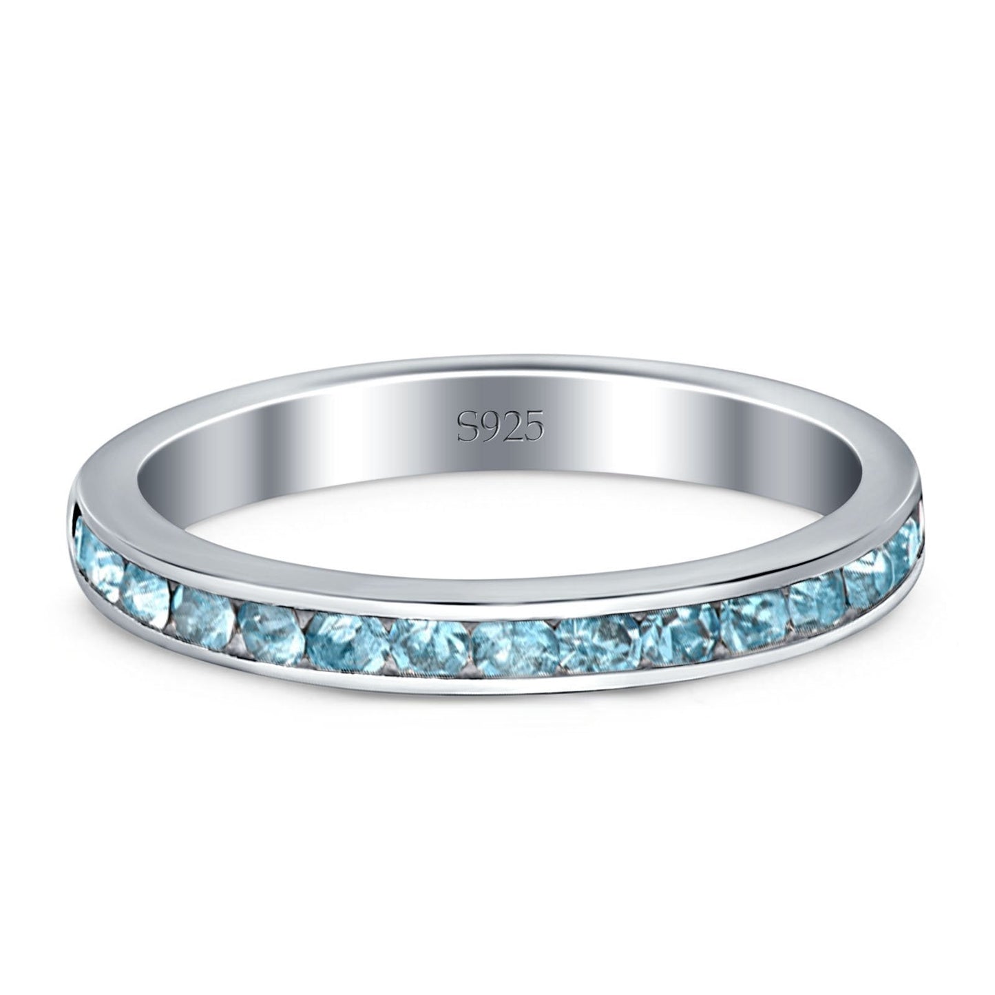 Full Eternity Stackable Wedding Engagement Band Round Simulated Aquamarine CZ