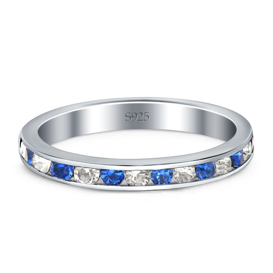 Full Eternity Stackable Round Simulated Blue Sapphire and Clear CZ Wedding Band