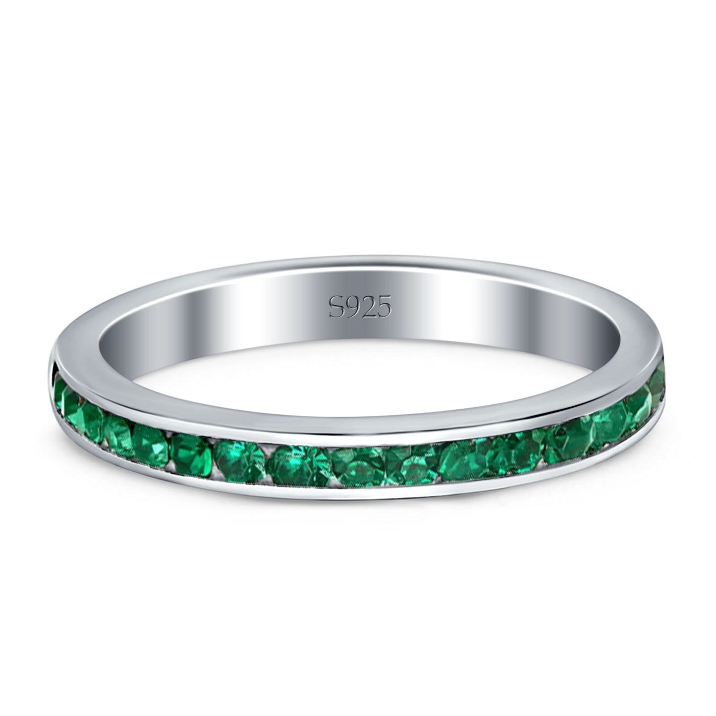 Full Eternity Stackable Channel setting Wedding Engagement Band Round Simulated Green Emerald CZ