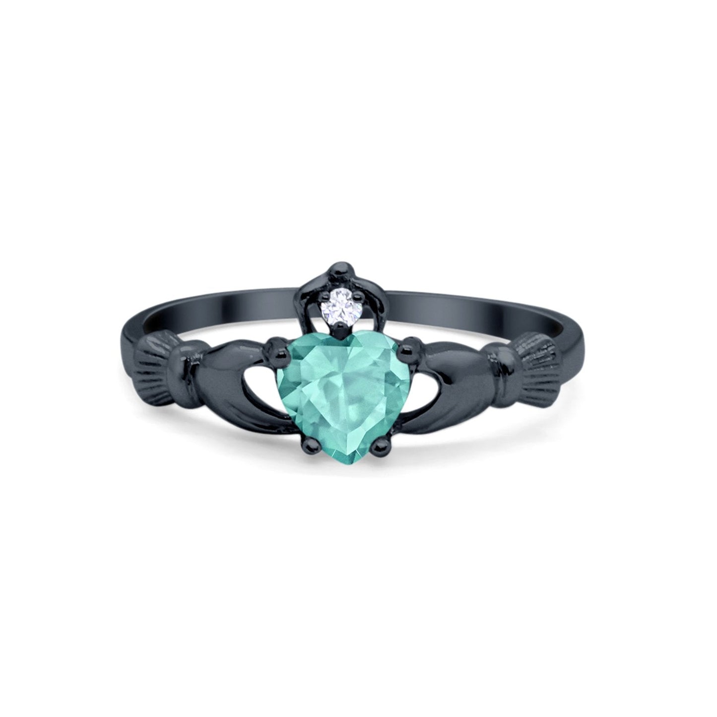 Irish Claddagh Heart Promise Ring Black Tone, Simulated Paraiba Tourmaline CZ