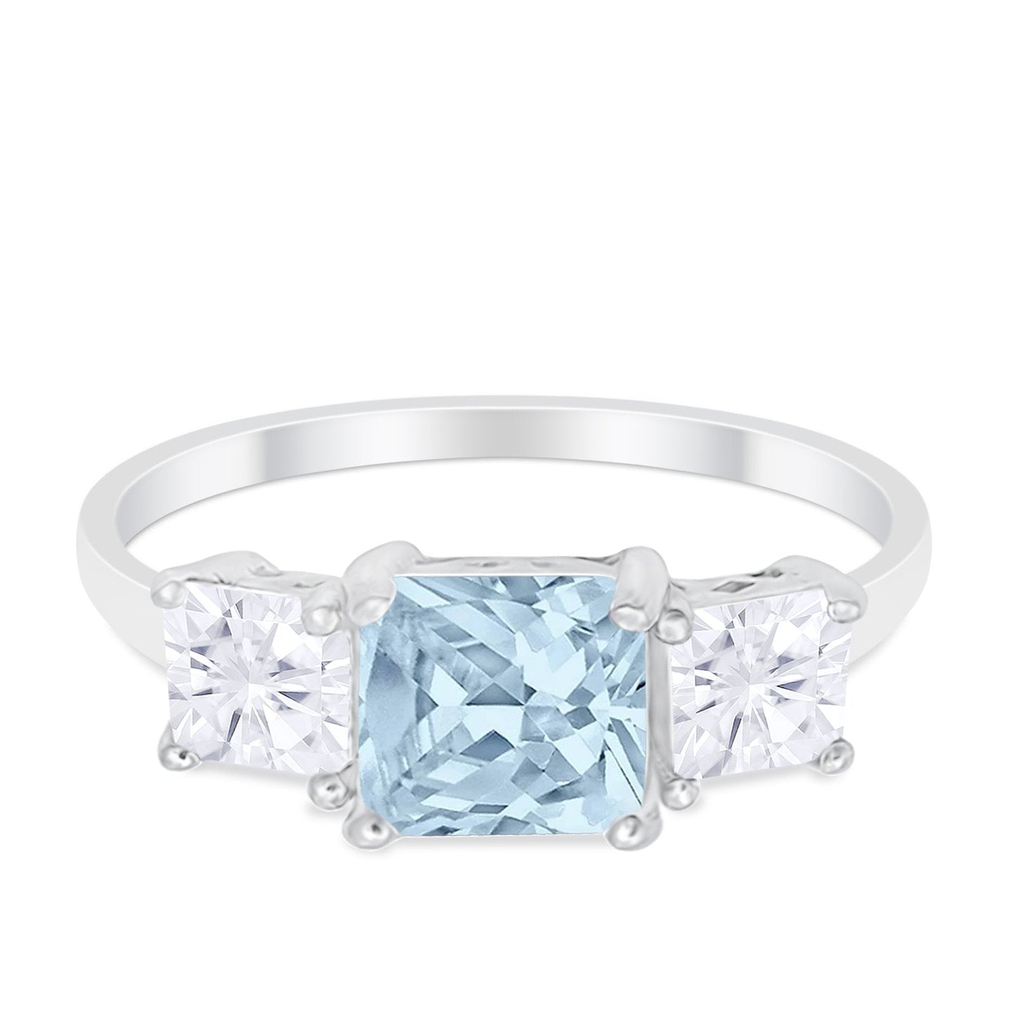 3 Stone Wedding Ring Princess Cut Simulated Aquamarine CZ