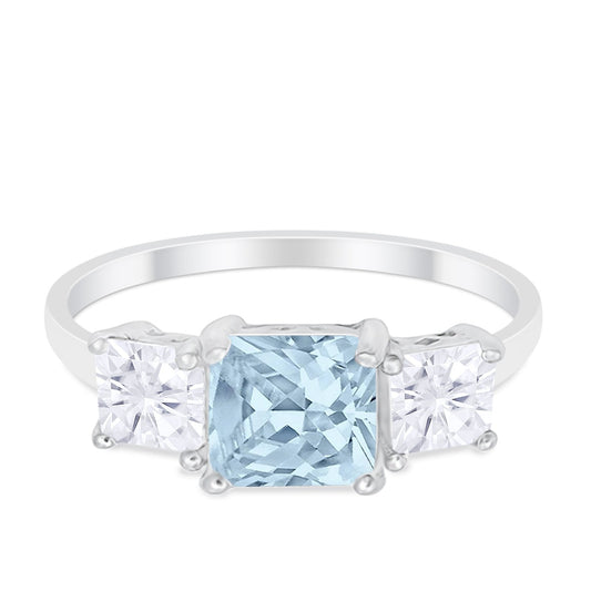 3 Stone Wedding Ring Princess Cut Simulated Aquamarine CZ