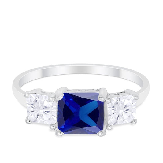 3 Stone Engagement Ring Princess Cut Simulated Sapphire CZ