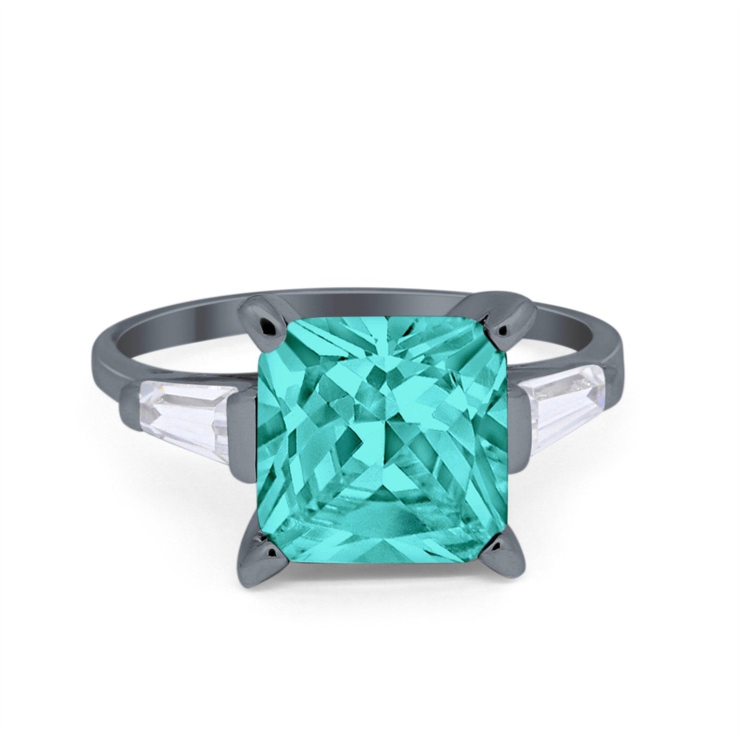 Princess Cut Baguette Black Tone, Simulated Paraiba Tourmaline CZ Wedding Ring