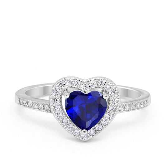 Halo Dazzling Heart Promise Ring Simulated Blue Sapphire CZ