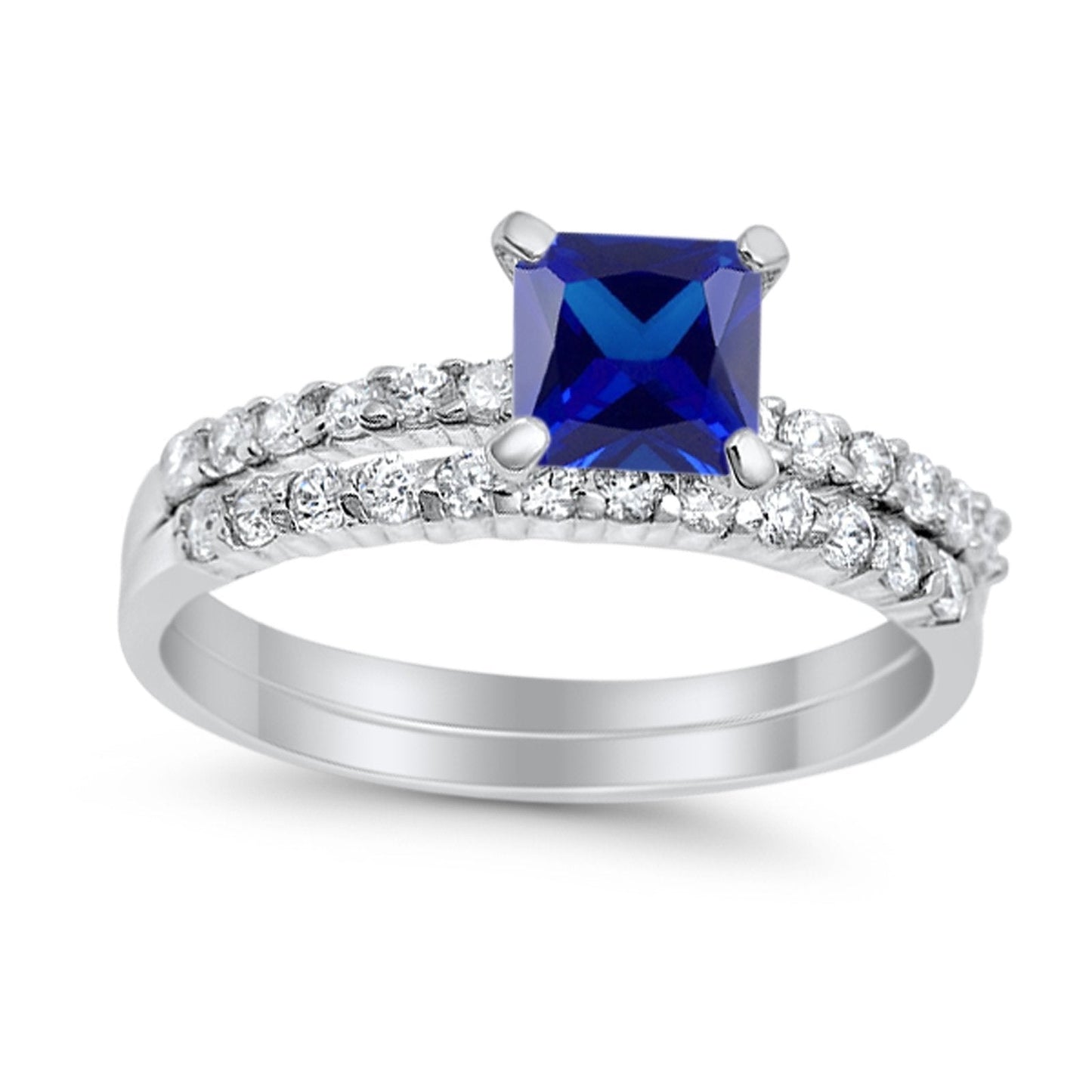 Wedding Ring Bridal Princess Cut Simulated Blue Sapphire CZ