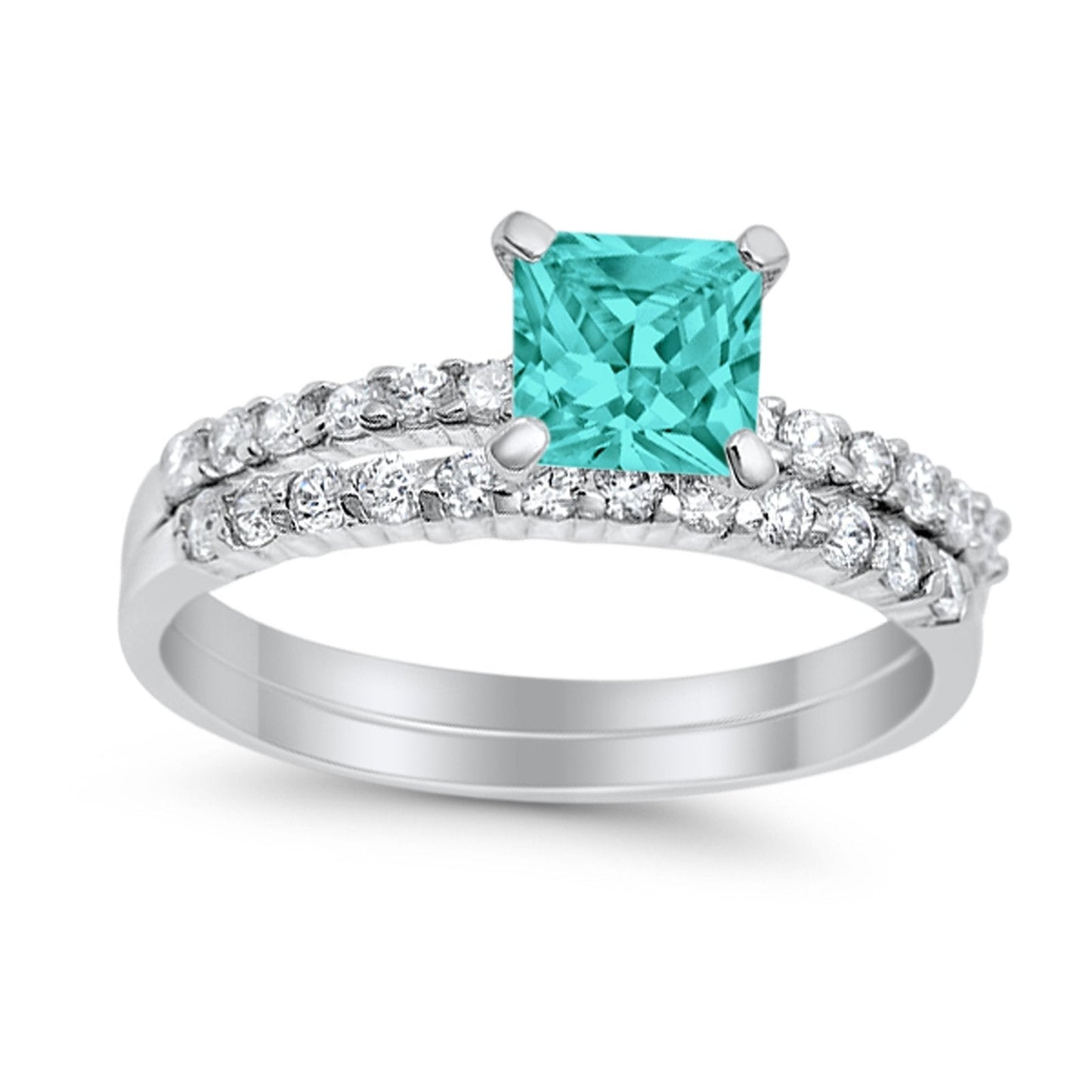 Wedding Ring Bridal Princess Cut Simulated Paraiba Tourmaline CZ