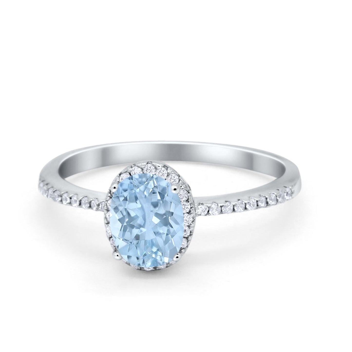 Halo Fashion Ring Oval Simulated Aquamarine CZ Accent