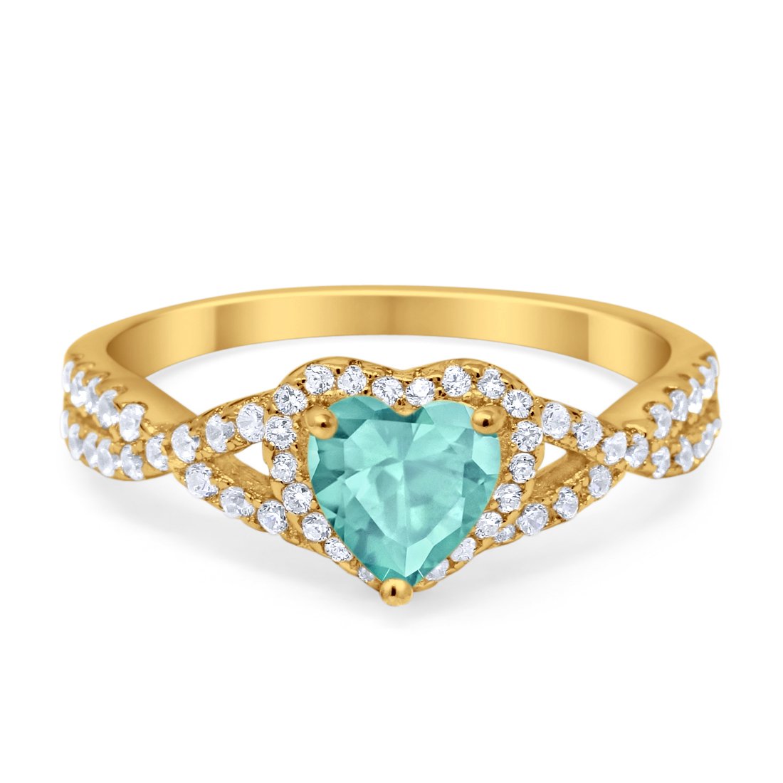 Heart Infinity Shank Yellow Tone, Simulated Paraiba Tourmaline CZ Promise Ring