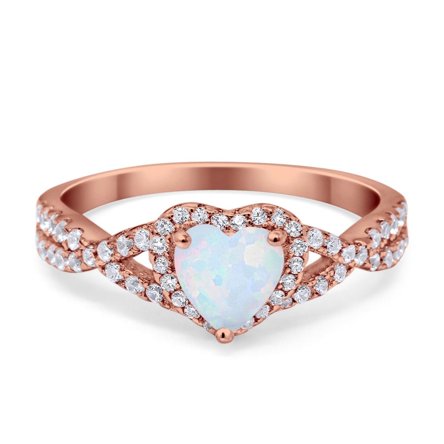 Heart Infinity Shank Rose Tone, Lab White Opal Promise Ring