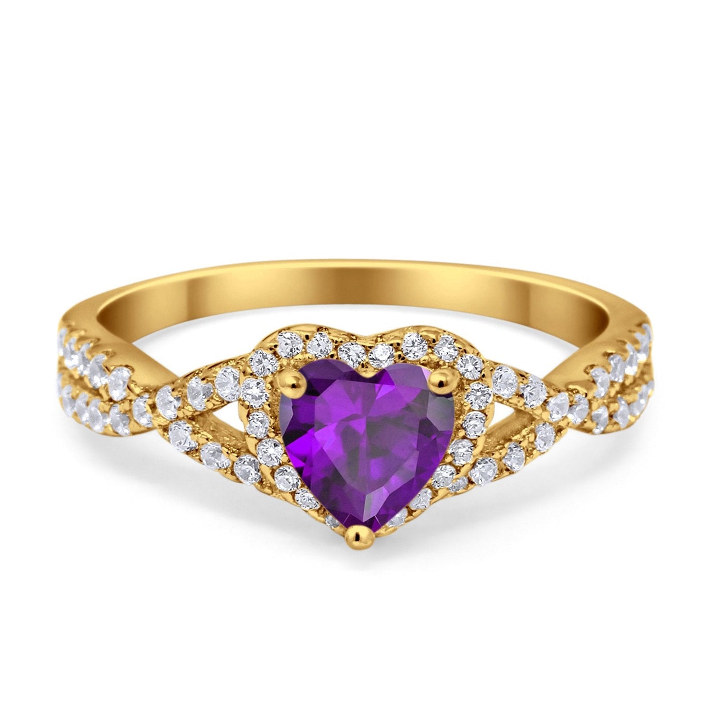 Heart Infinity Shank Yellow Tone, Simulated Amethyst CZ Promise Ring