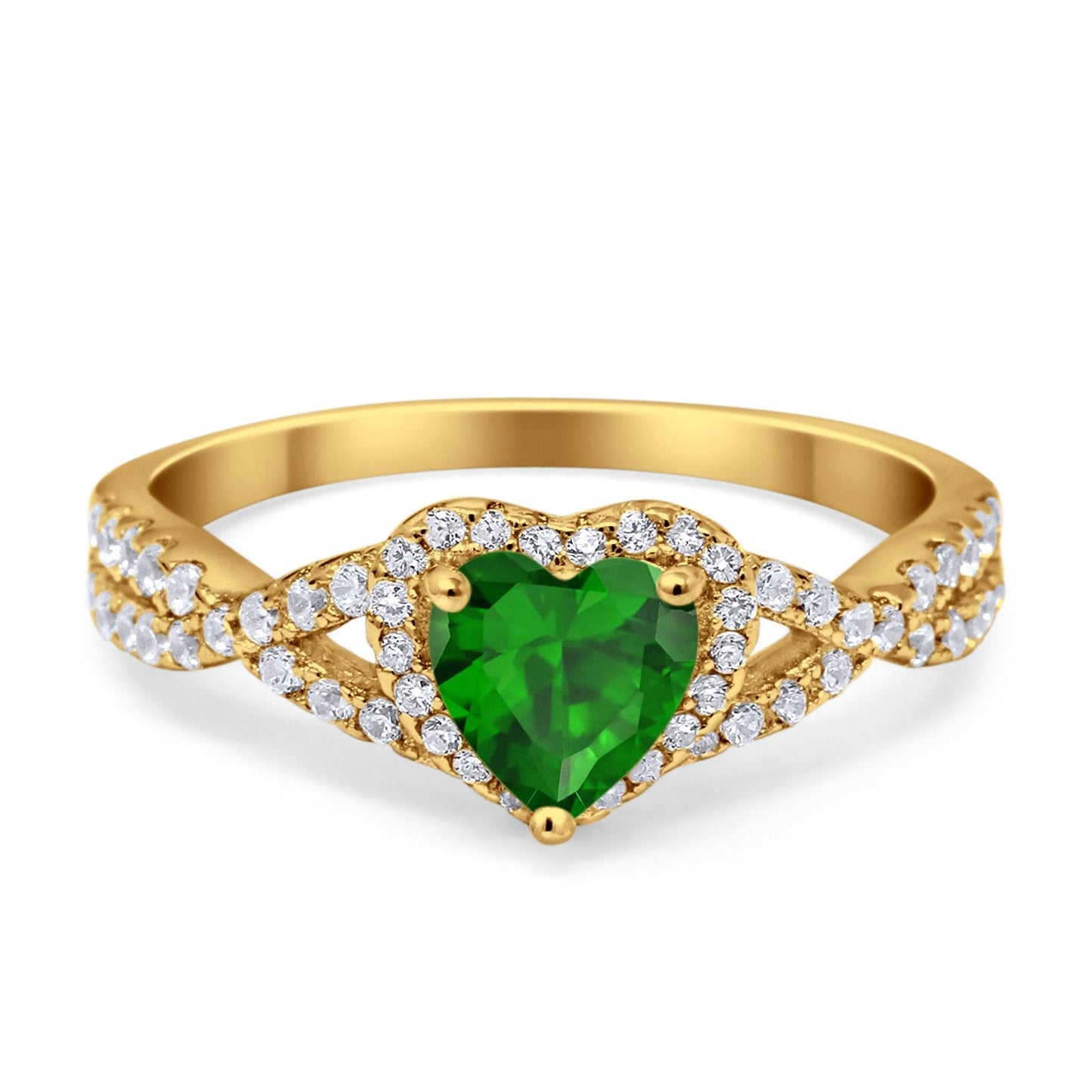 Heart Infinity Shank Yellow Tone, Simulated Green Emerald CZ Promise Ring