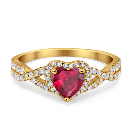 Heart Infinity Shank Yellow Tone, Simulated Ruby CZ Promise Ring