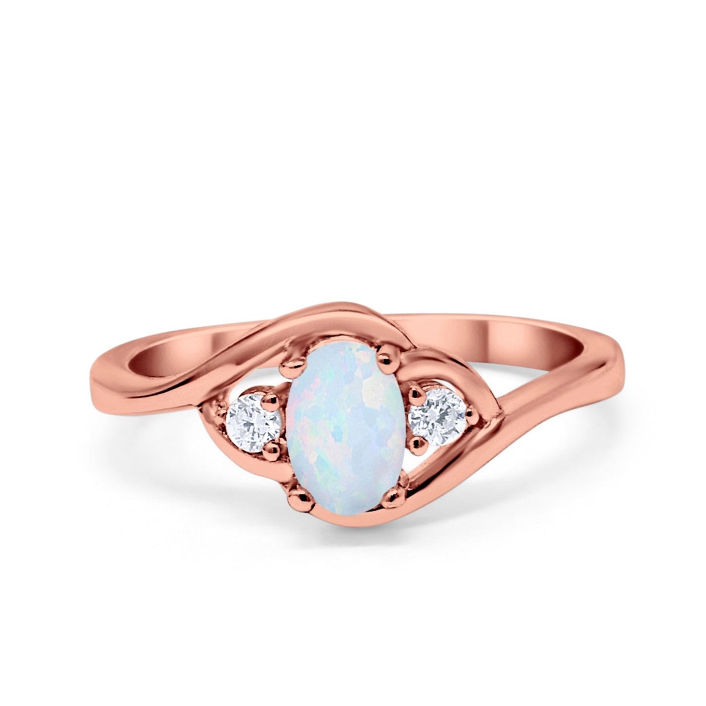 Oval Rose Tone, Lab Created White Opal Wedding Ring