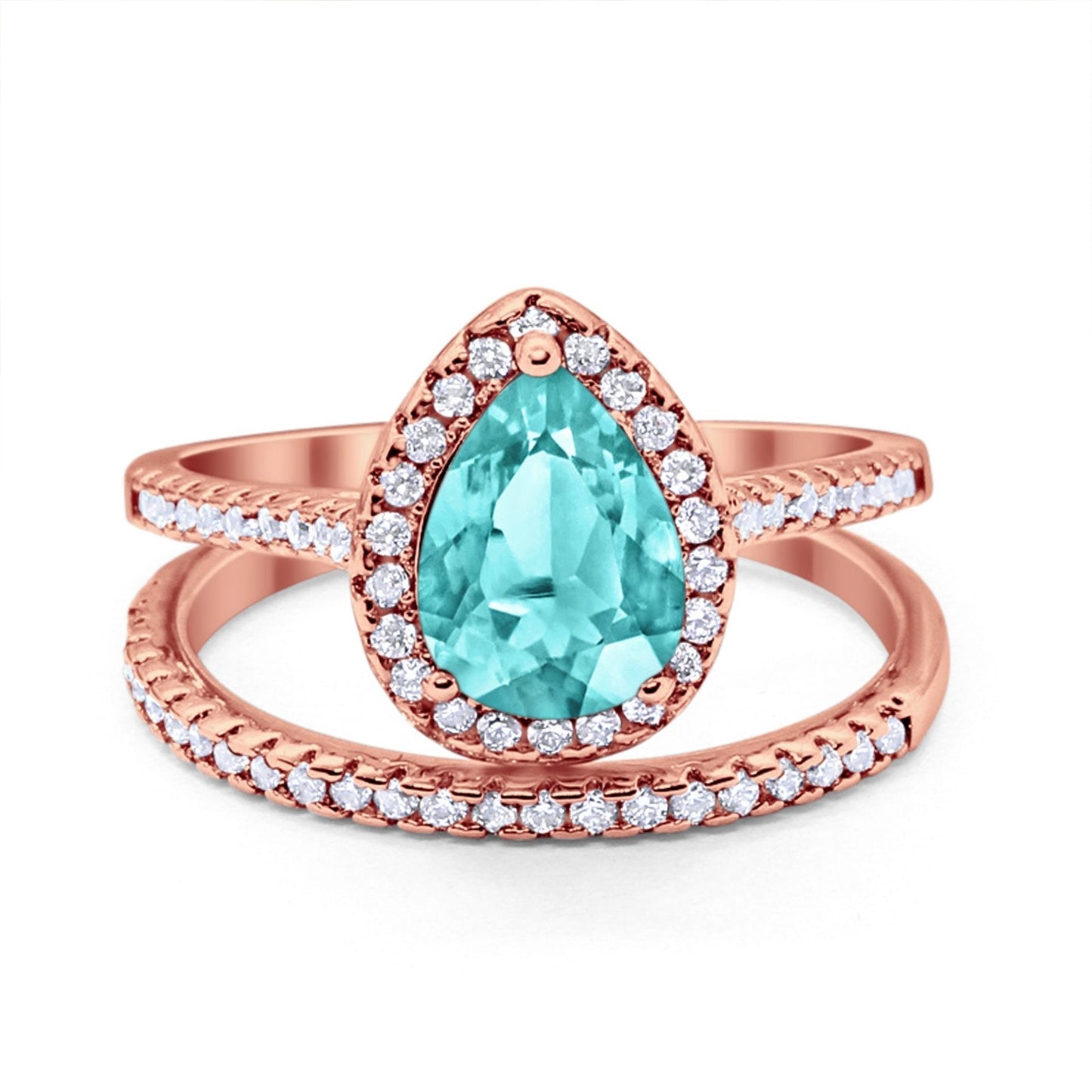 Teardrop Bridal Engagement Ring Rose Tone, Simulated Paraiba Tourmaline CZ