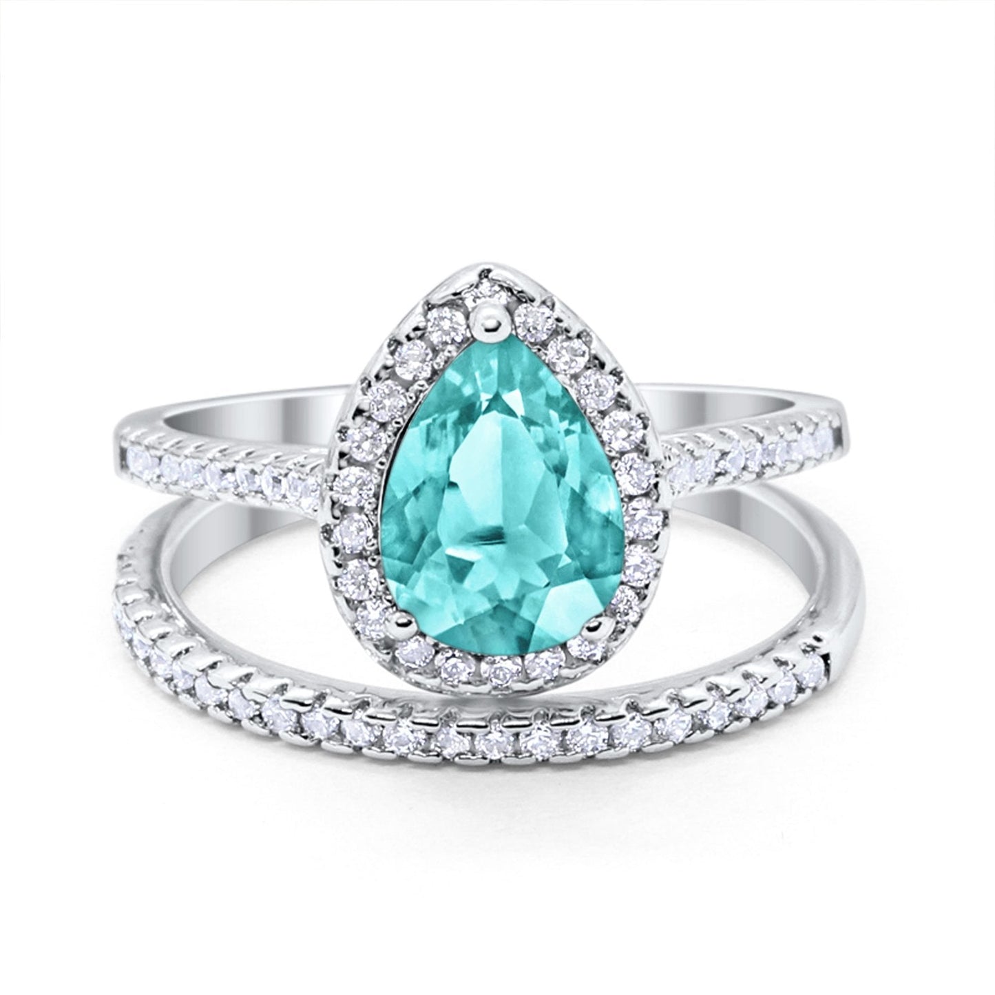 Teardrop Bridal Wedding Piece Ring Simulated Paraiba Tourmaline CZ