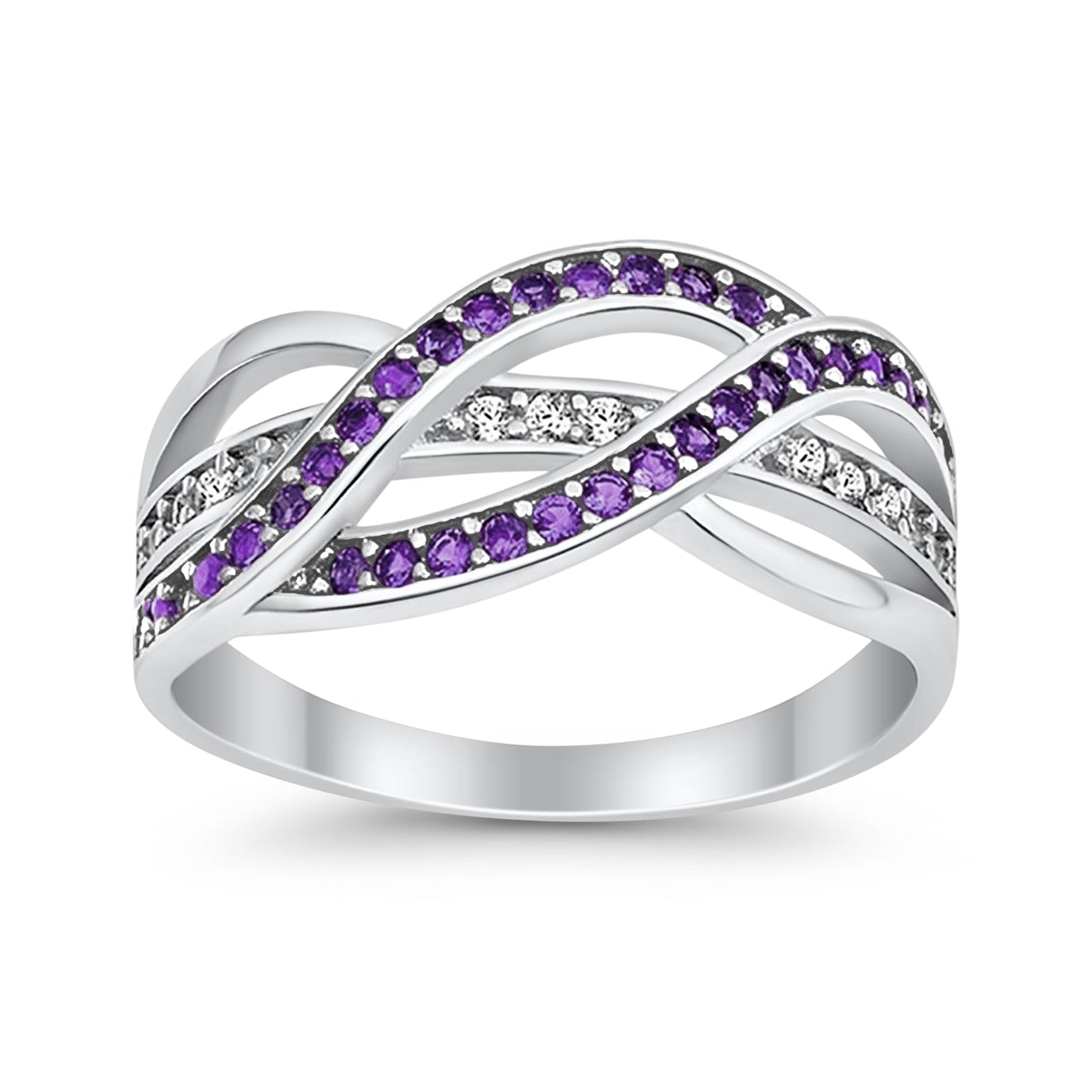 Weave Knot Ring Crisscross Crossover Simulated Amethyst Round CZ