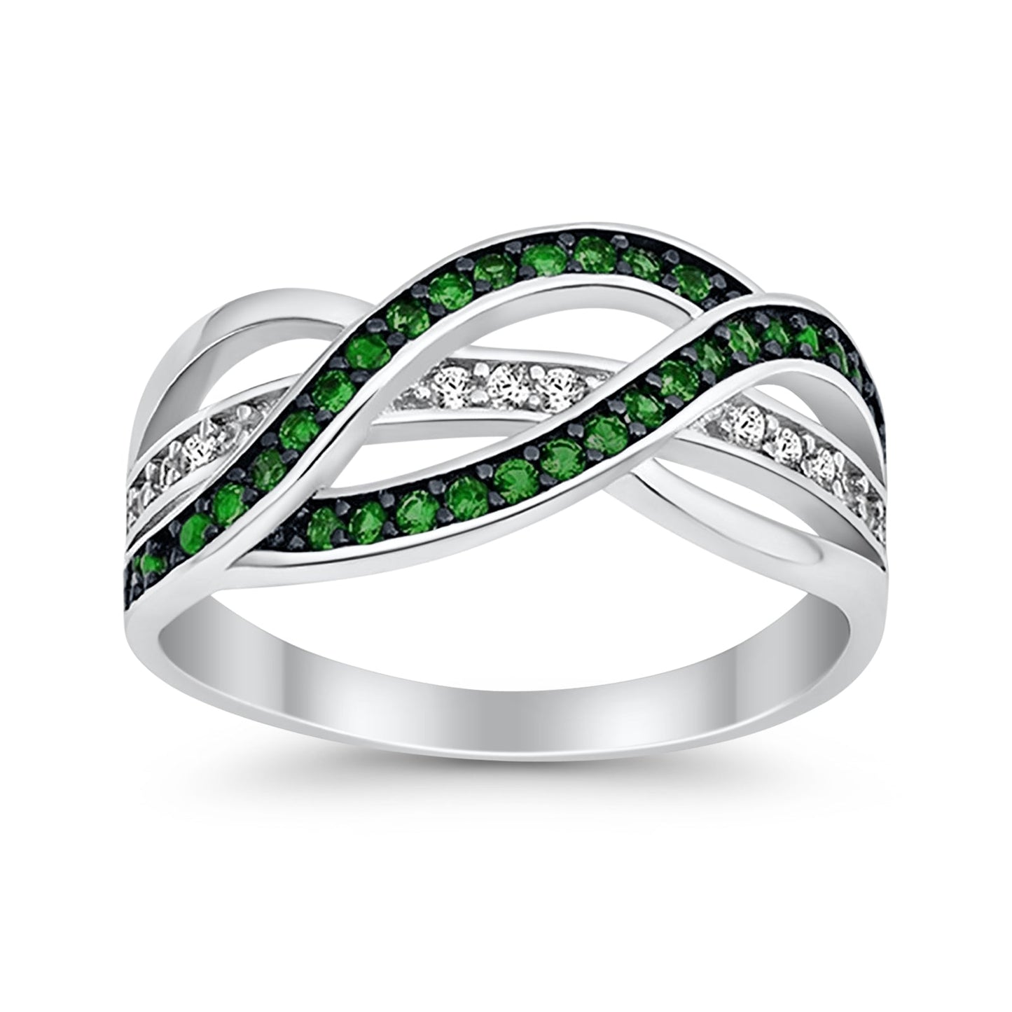 Weave Knot Crisscross Crossover Simulated Green Emerald Round CZ Ring