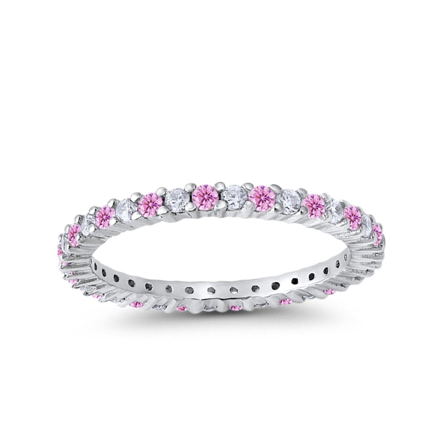 Full Eternity Wedding Band Round Simulated Pink Cubic Zirconia Ring