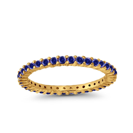 Full Eternity Wedding Band Round Yellow Tone, Simulated Blue Sapphire CZ Ring