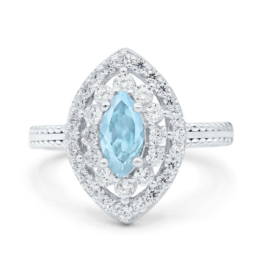 Marquise Vintage Halo Wedding Ring Simulated Aquamarine CZ