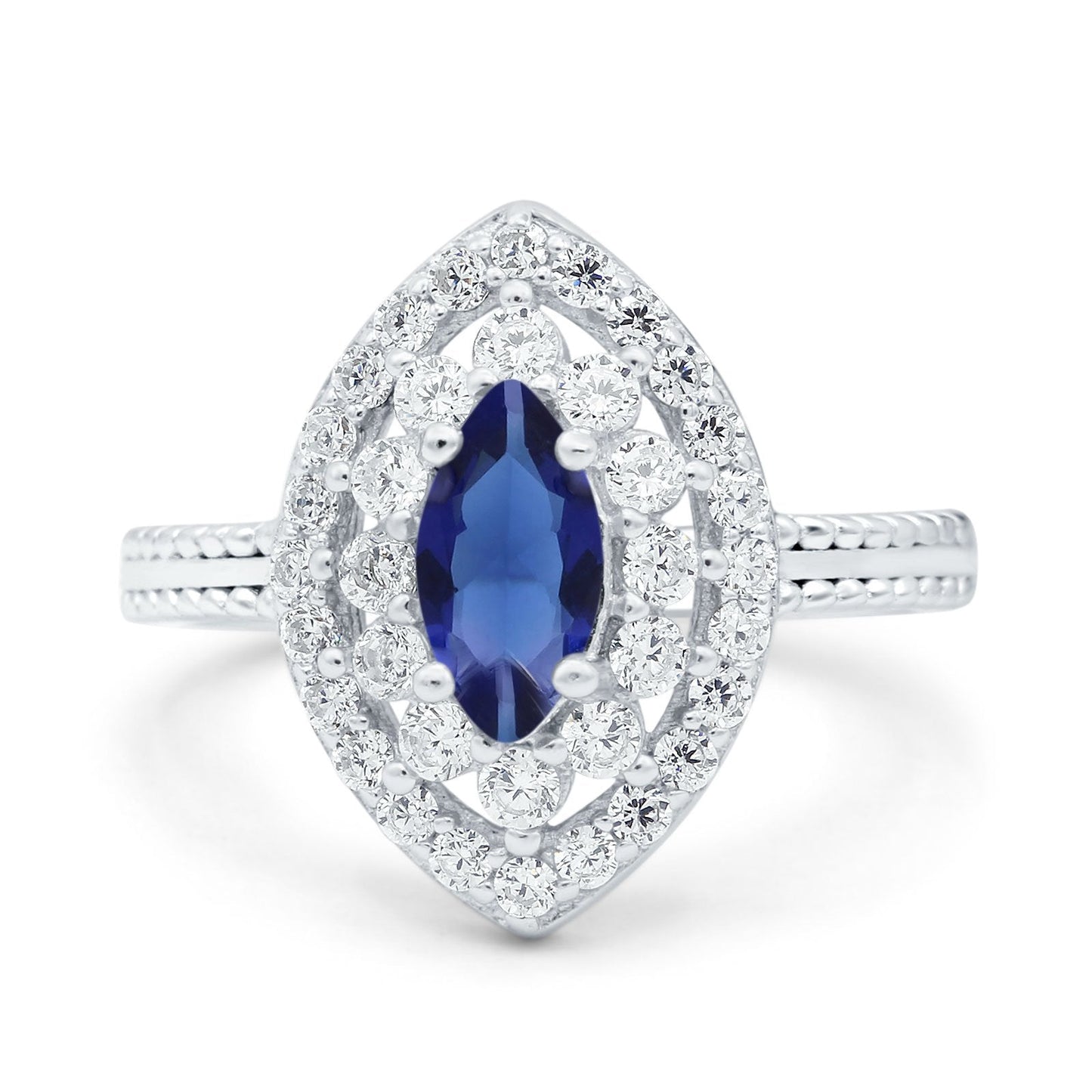 Marquise Vintage Halo Wedding Ring Simulated Blue Sapphire CZ