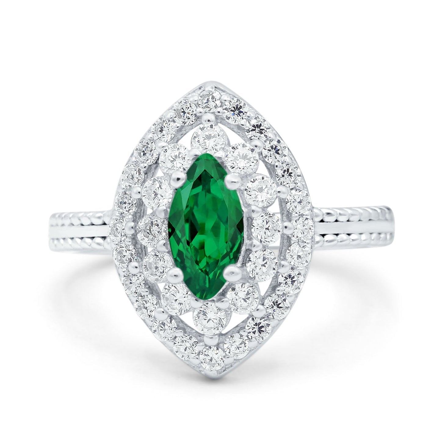 Marquise Vintage Halo Wedding Ring Simulated Green Emerald CZ