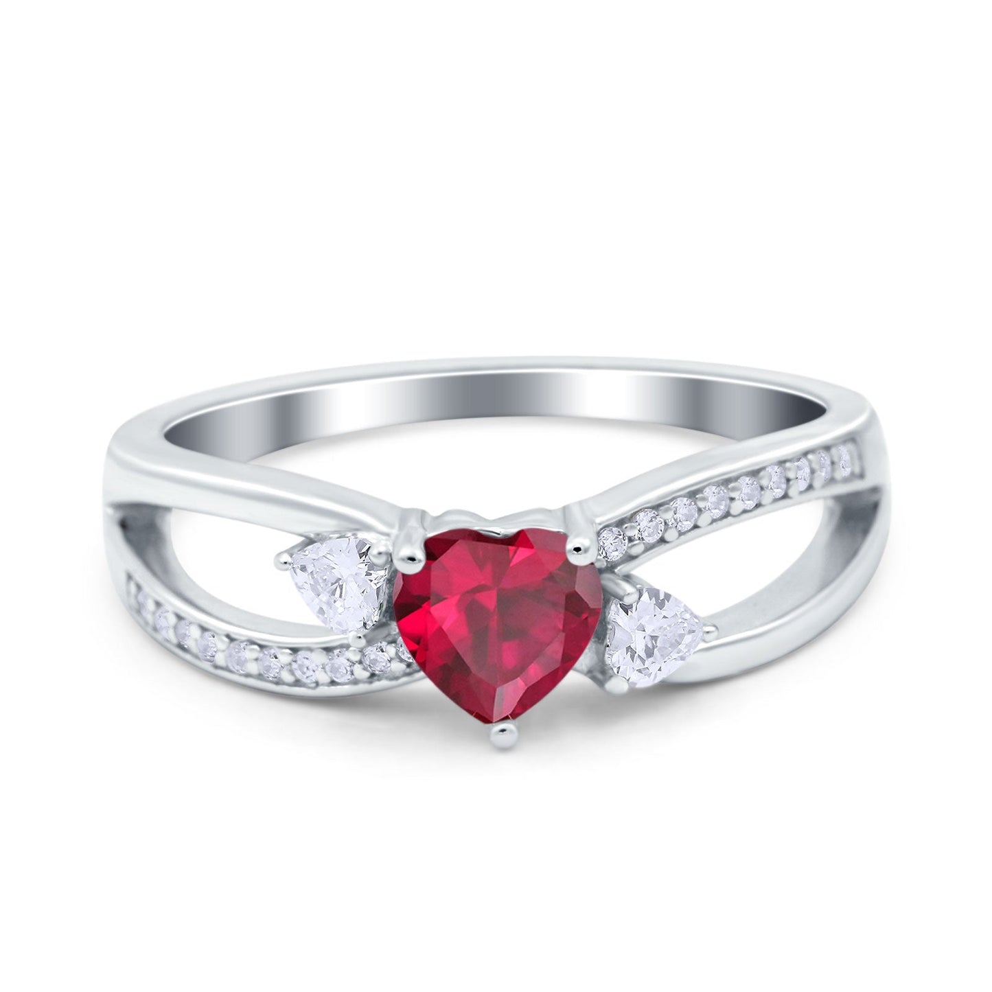 Heart Three Stone Art Deco Simulated Ruby CZ Engagement Promise Ring