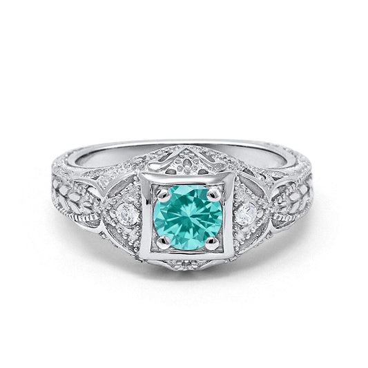 Antique Style Wedding Ring Round Simulated Paraiba Tourmaline CZ