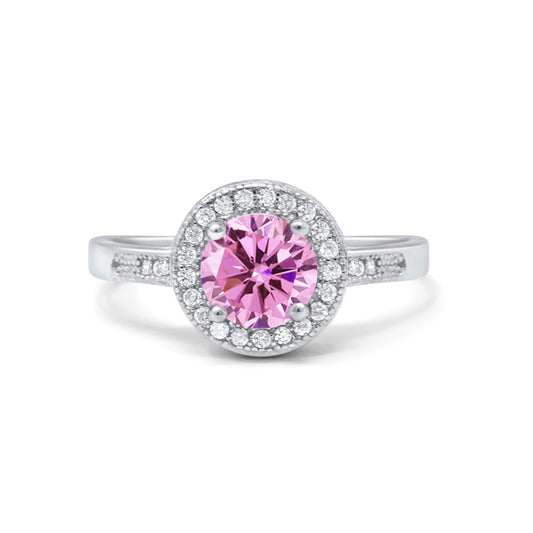 Halo Art Deco Wedding Engagement Ring Round Simulated Pink CZ